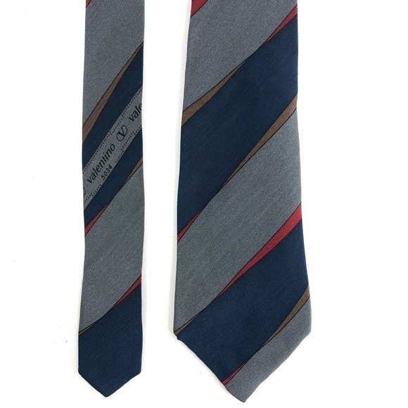 Valentino Italy Neck Tie Monogram Logo Blue Gray Red Stripe One Size - Picture 1 of 7